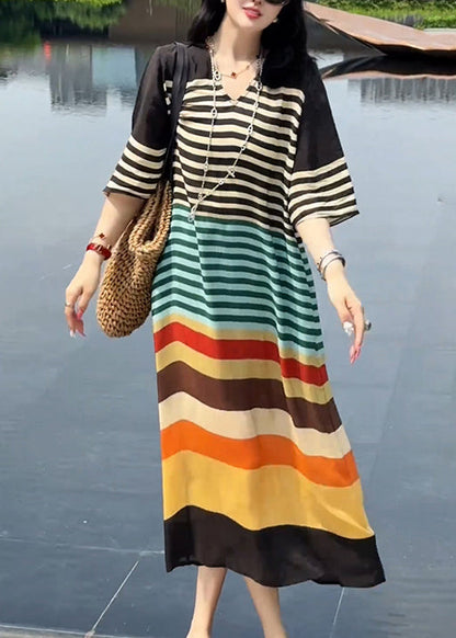 V Striped Neck Italian Silk Dress Summer Rainbow