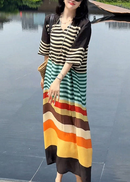 V Striped Neck Italian Silk Dress Summer Rainbow