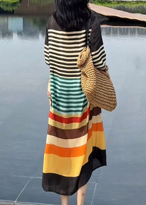 V Striped Neck Italian Silk Dress Summer Rainbow