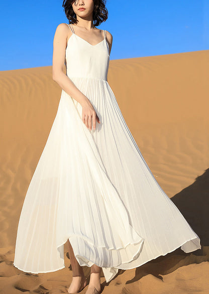 Wrinkled Backless White Dress Spaghetti Italian Chiffon Strap
