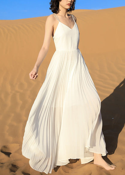 Wrinkled Backless White Dress Spaghetti Italian Chiffon Strap