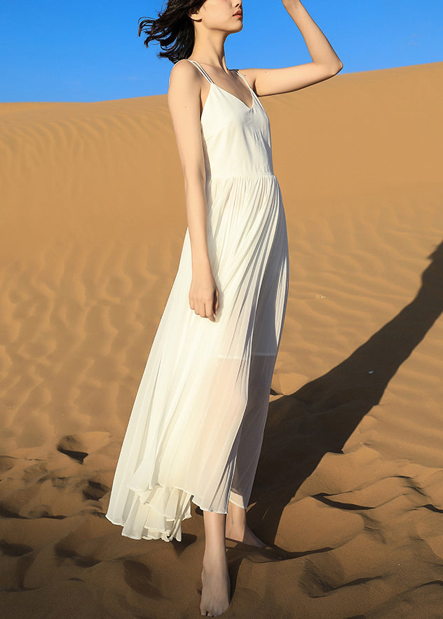 Wrinkled Backless White Dress Spaghetti Italian Chiffon Strap