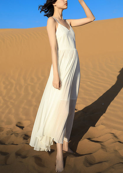 Wrinkled Backless White Dress Spaghetti Italian Chiffon Strap