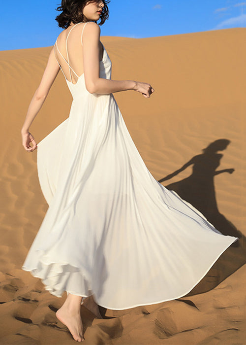 Wrinkled Backless White Dress Spaghetti Italian Chiffon Strap