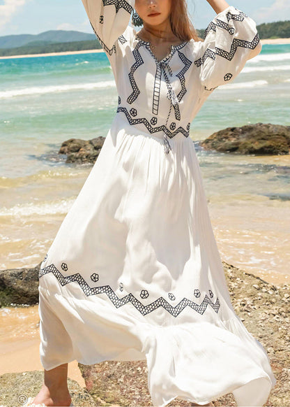 Italian Embroidered Up White Fall Lace Dresses Cotton Long