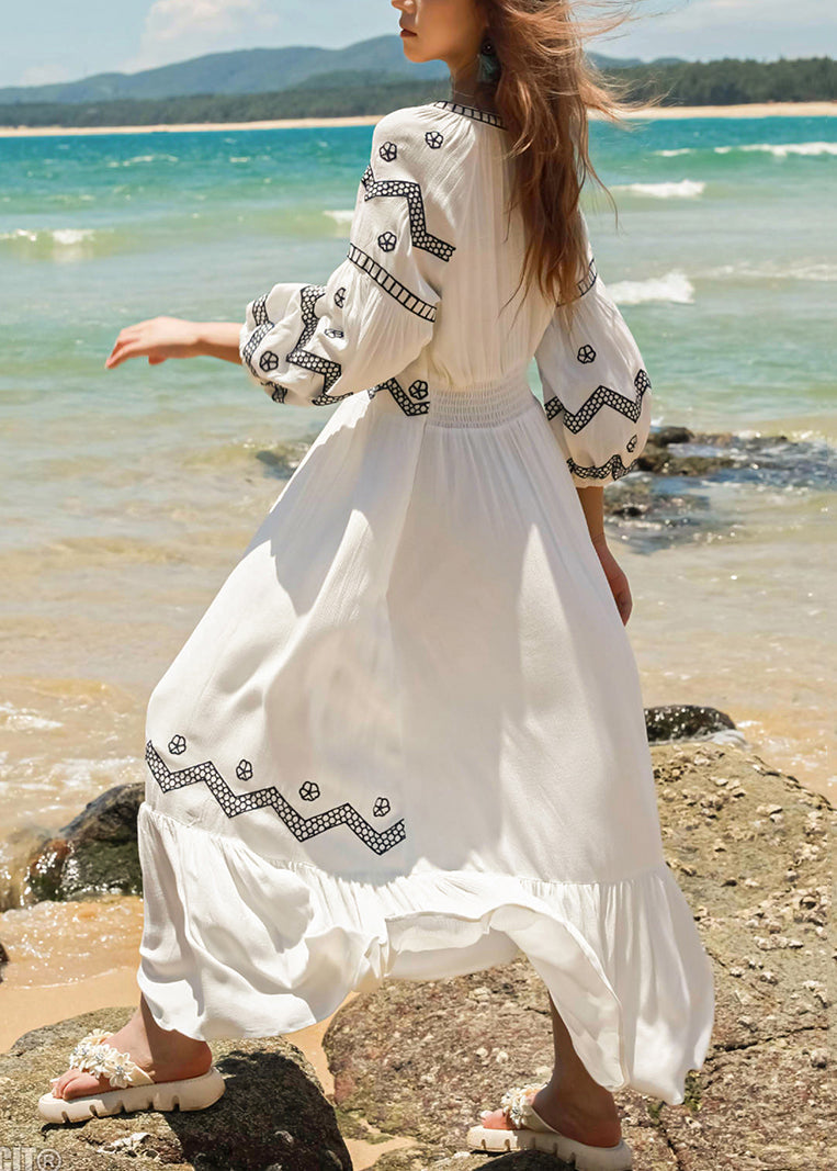 Italian Embroidered Up White Fall Lace Dresses Cotton Long