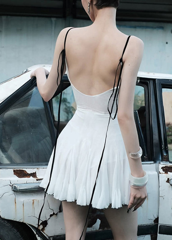 Dress Stand Italian Spaghetti Mid Tulle Strap Collar White