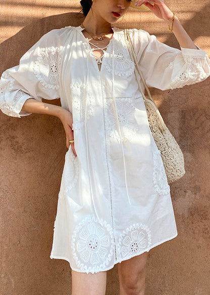 Embroidery Half White Cotton Hollow V Neck Dress Mid Out Italian