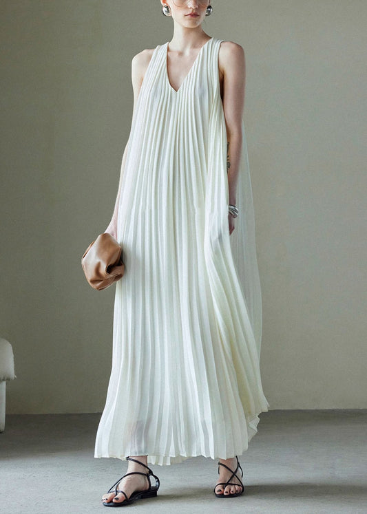 Italian Wrinkled Dresses White V Neck Solid Maxi Chiffon