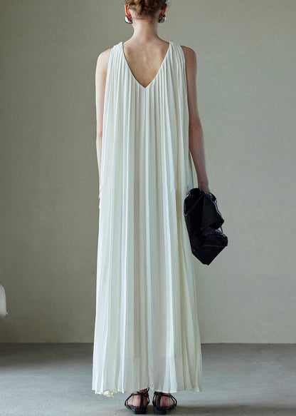 Italian Wrinkled Dresses White V Neck Solid Maxi Chiffon