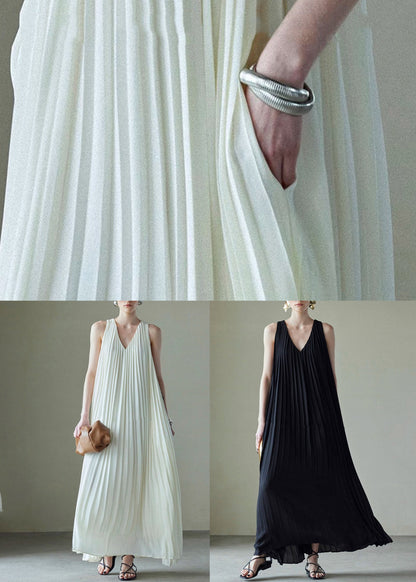Italian Wrinkled Dresses White V Neck Solid Maxi Chiffon