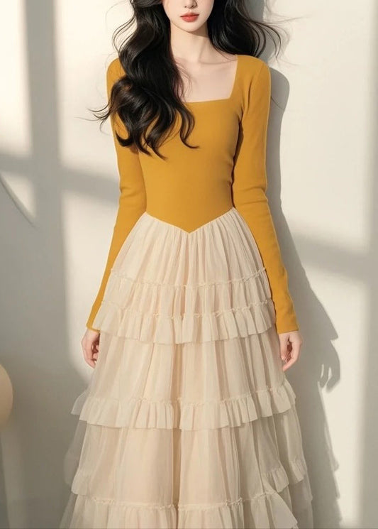 Spring Italian Long Dress Tulle Collar Yellow Patchwork Square
