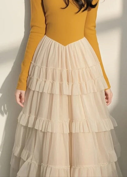 Spring Italian Long Dress Tulle Collar Yellow Patchwork Square