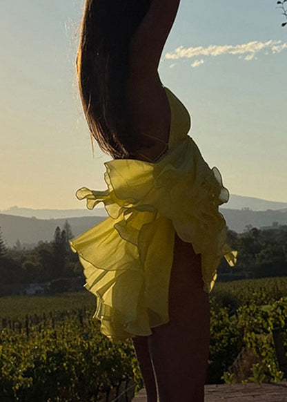 Mid Backless Yellow Strap Neck V Patchwork Spaghetti Italian