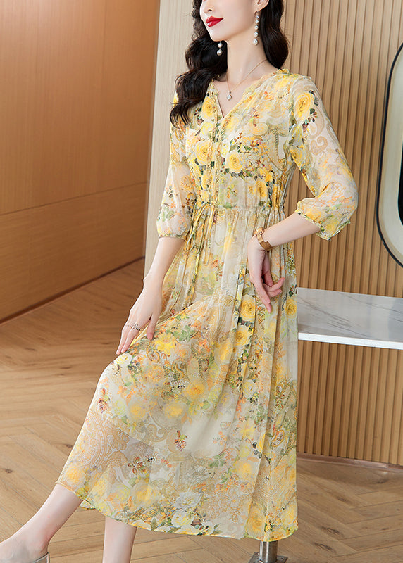 Italian Yellow V Neck Print Drawstring Silk Dresses Summer BB029