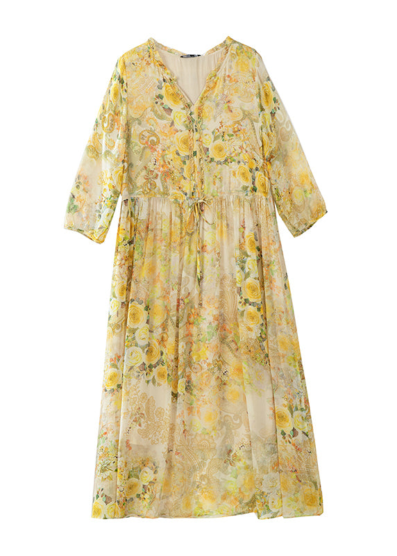 Italian Yellow V Neck Print Drawstring Silk Dresses Summer BB029