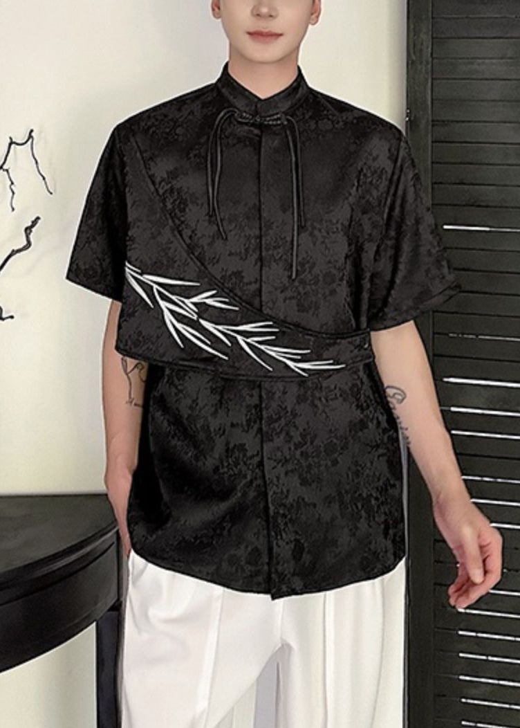 Apricot Embroideried Shirts Cotton Chinese Mens Jacquard Button