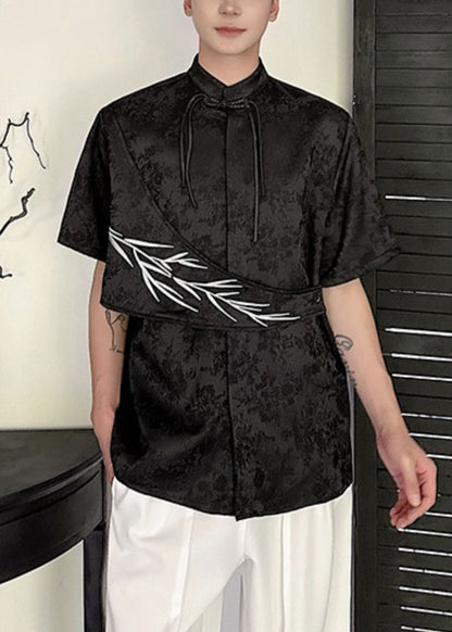 Apricot Embroideried Shirts Cotton Chinese Mens Jacquard Button