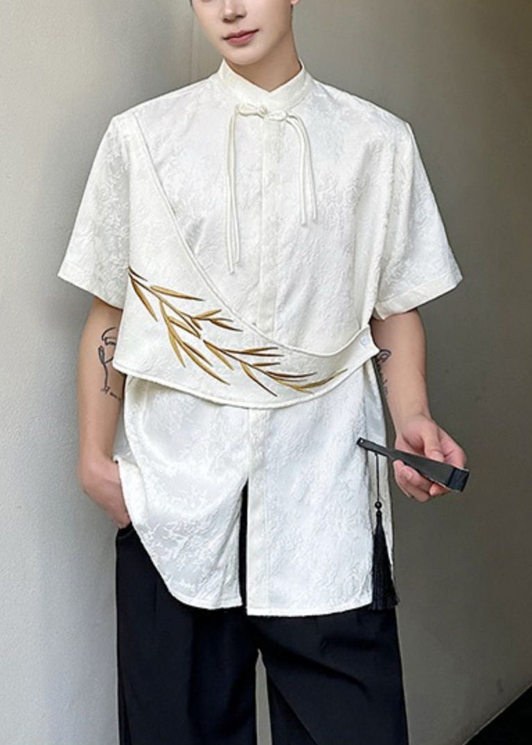 Apricot Embroideried Shirts Cotton Chinese Mens Jacquard Button