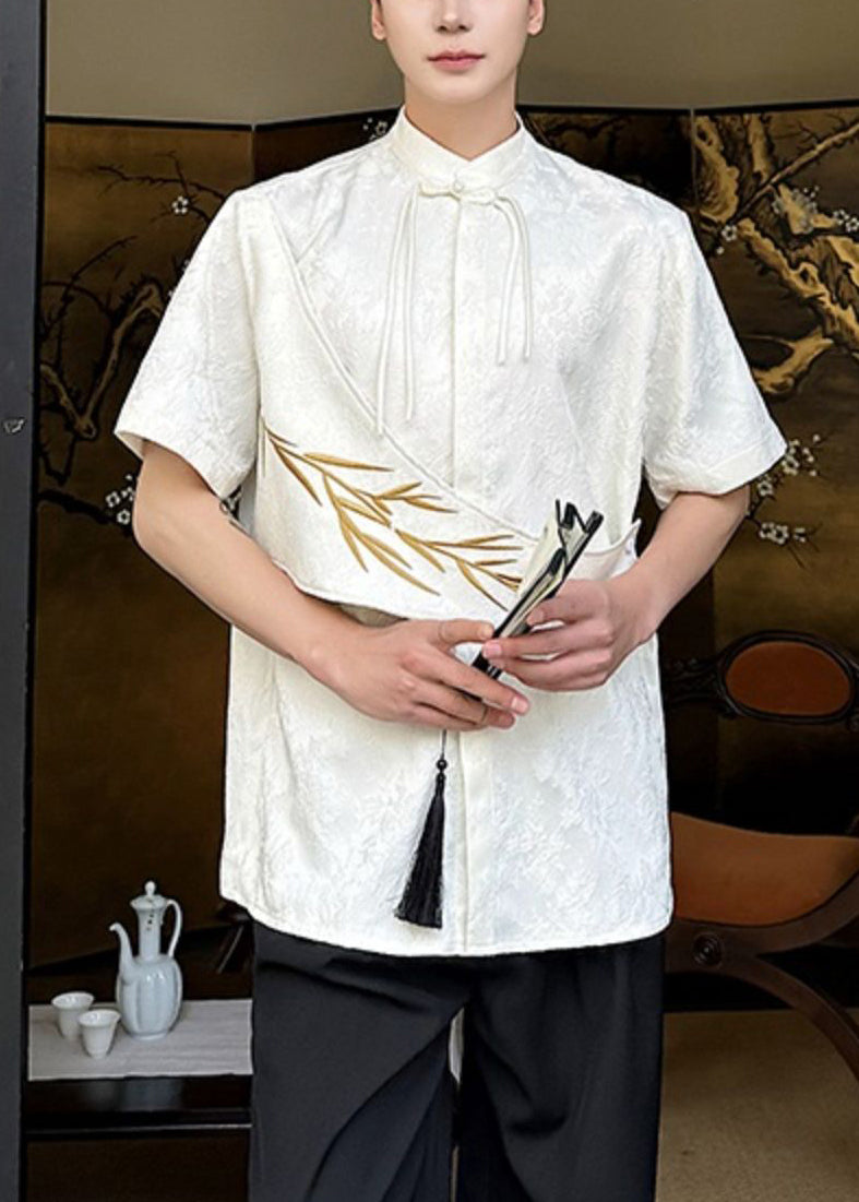 Apricot Embroideried Shirts Cotton Chinese Mens Jacquard Button