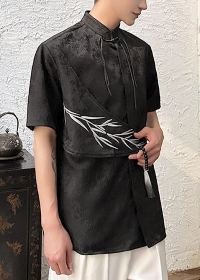 Apricot Embroideried Shirts Cotton Chinese Mens Jacquard Button