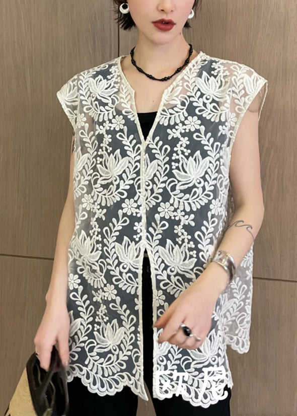 Lace V Neck Sleeveless Apricot Jacquard Out Hollow Tops