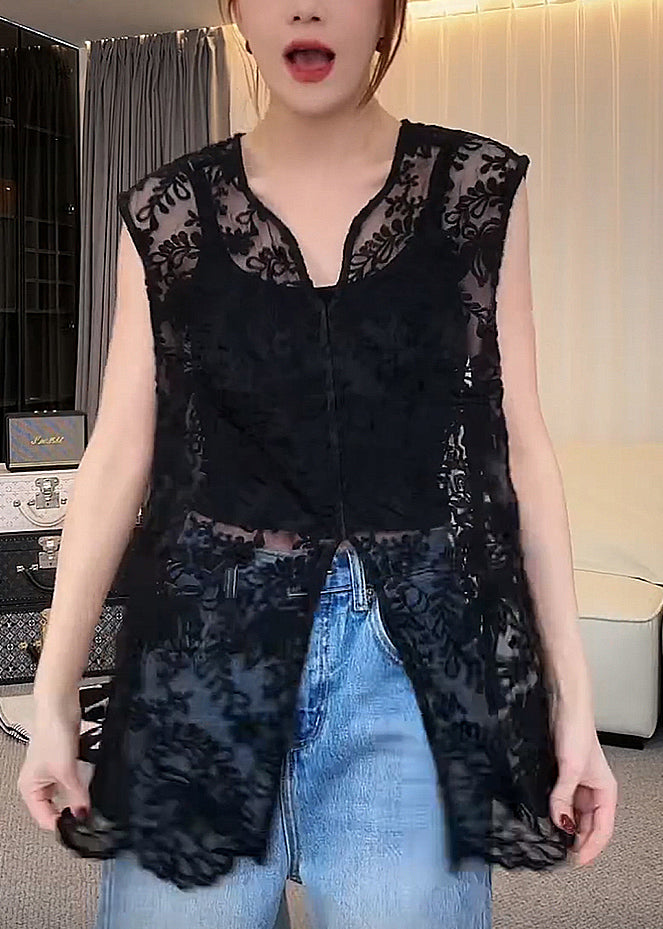 Lace V Neck Sleeveless Apricot Jacquard Out Hollow Tops