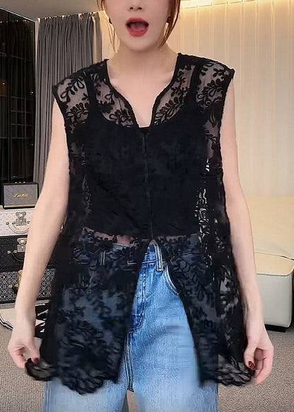 Lace V Neck Sleeveless Apricot Jacquard Out Hollow Tops