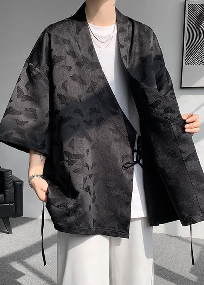 Jacquard Black Lace Up Pockets Ice Silk Mens Coat Batwing Sleeve YT067