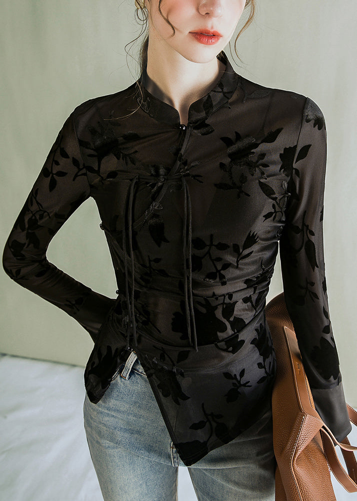 Jacquard Black Stand Collar Button Tulle Blouses  AL1045