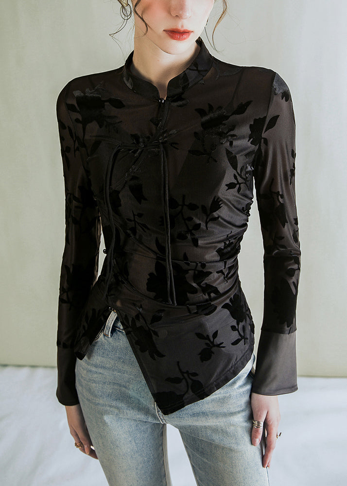 Jacquard Black Stand Collar Button Tulle Blouses  AL1045