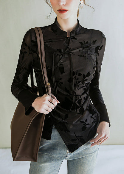 Jacquard Black Stand Collar Button Tulle Blouses  AL1045