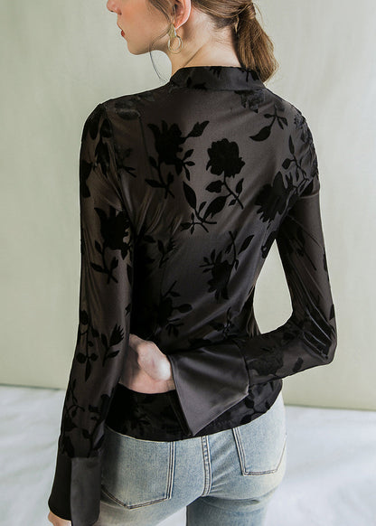 Jacquard Black Stand Collar Button Tulle Blouses  AL1045