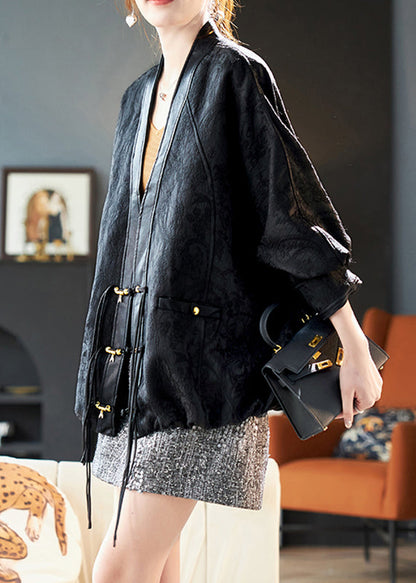 Patchwork Batwing Black Sleeve Coats V Neck Jacquard
