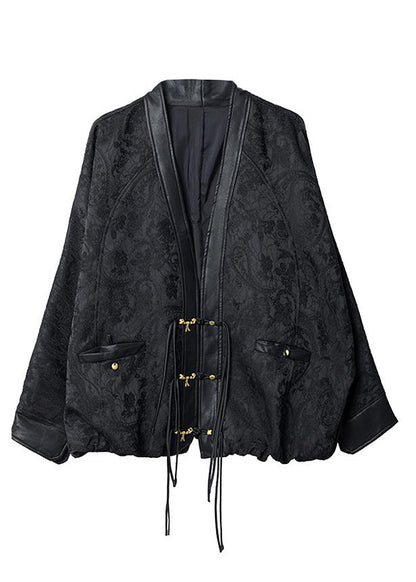 Patchwork Batwing Black Sleeve Coats V Neck Jacquard