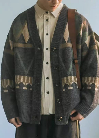 Spring Dark Gray Neck V Knit Jacquard Coat Men Button