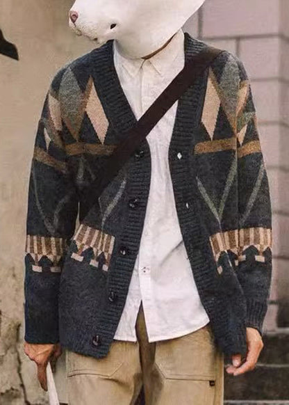 Spring Dark Gray Neck V Knit Jacquard Coat Men Button