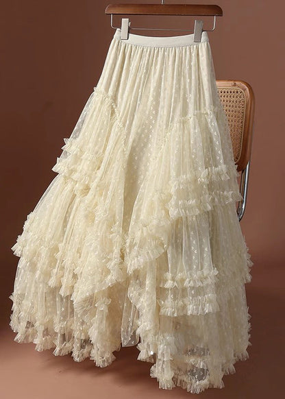 Patchwork Khaki Skirts Love Ruffled Jacquard Tulle Maxi