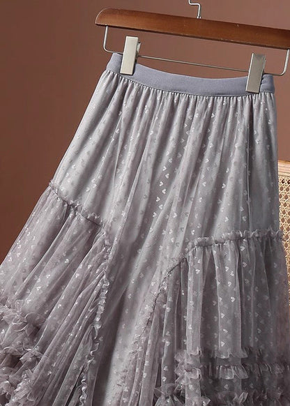 Patchwork Khaki Skirts Love Ruffled Jacquard Tulle Maxi