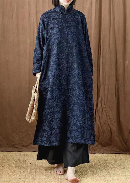 Jacquard Navy Button Pockets Cotton Dress Long Sleeve MN035