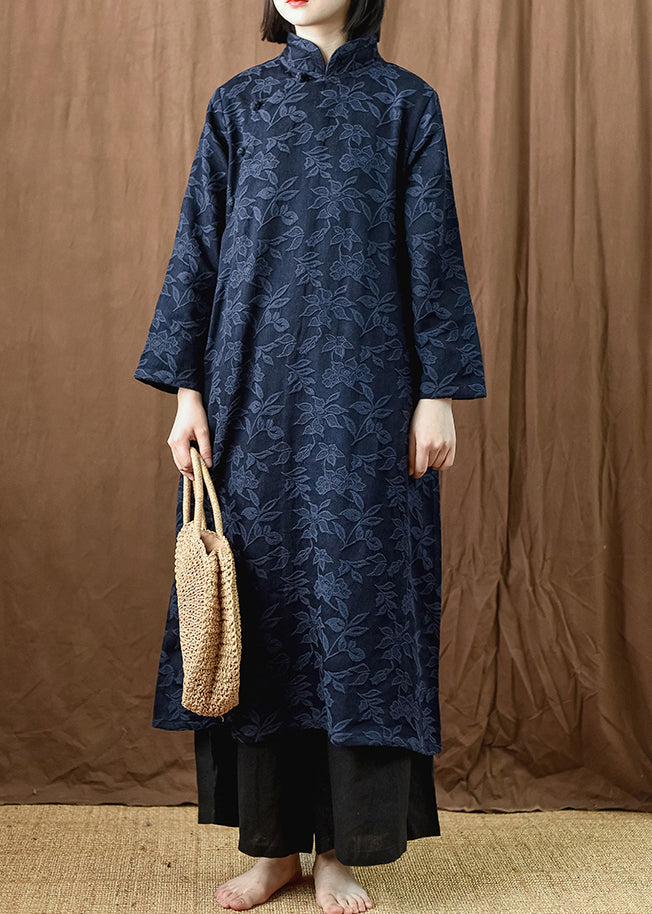 Jacquard Navy Button Pockets Cotton Dress Long Sleeve MN035