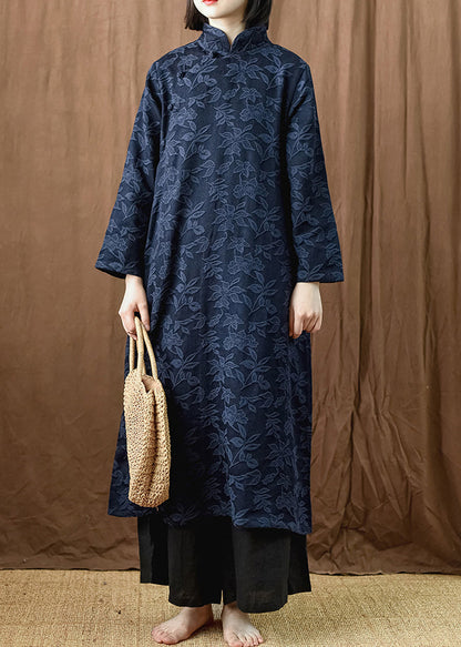 Jacquard Navy Button Pockets Cotton Dress Long Sleeve MN035