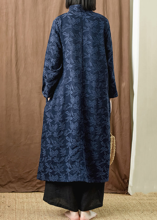 Jacquard Navy Button Pockets Cotton Dress Long Sleeve MN035