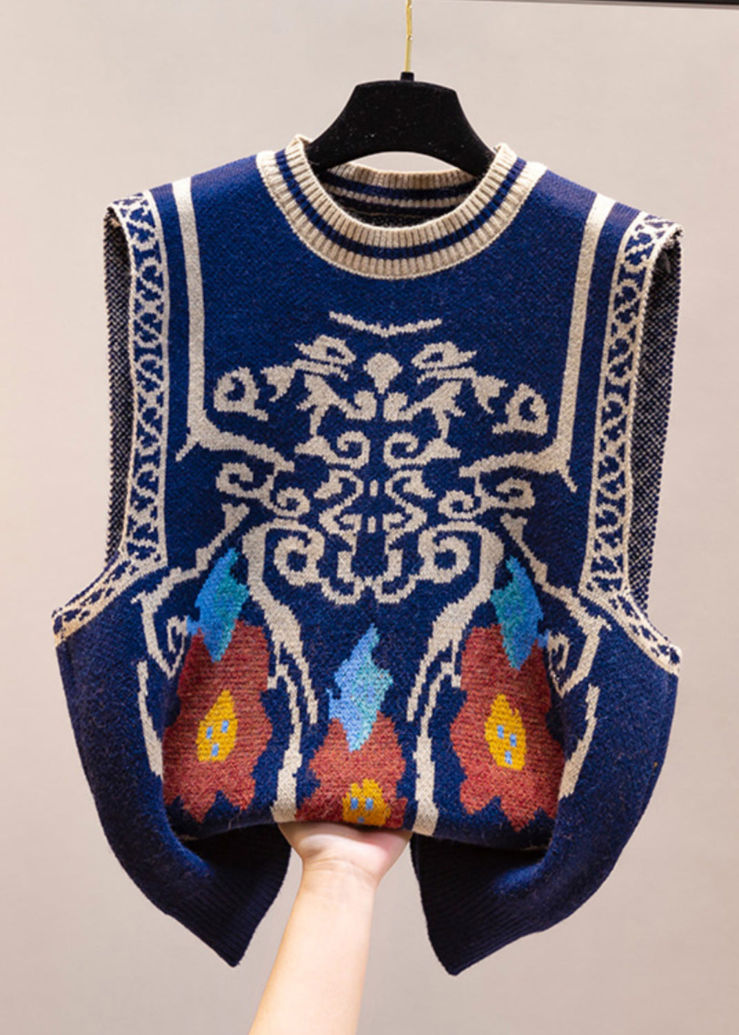 Jacquard Navy O Neck Cozy Knit Vest Sleeveless YJ011