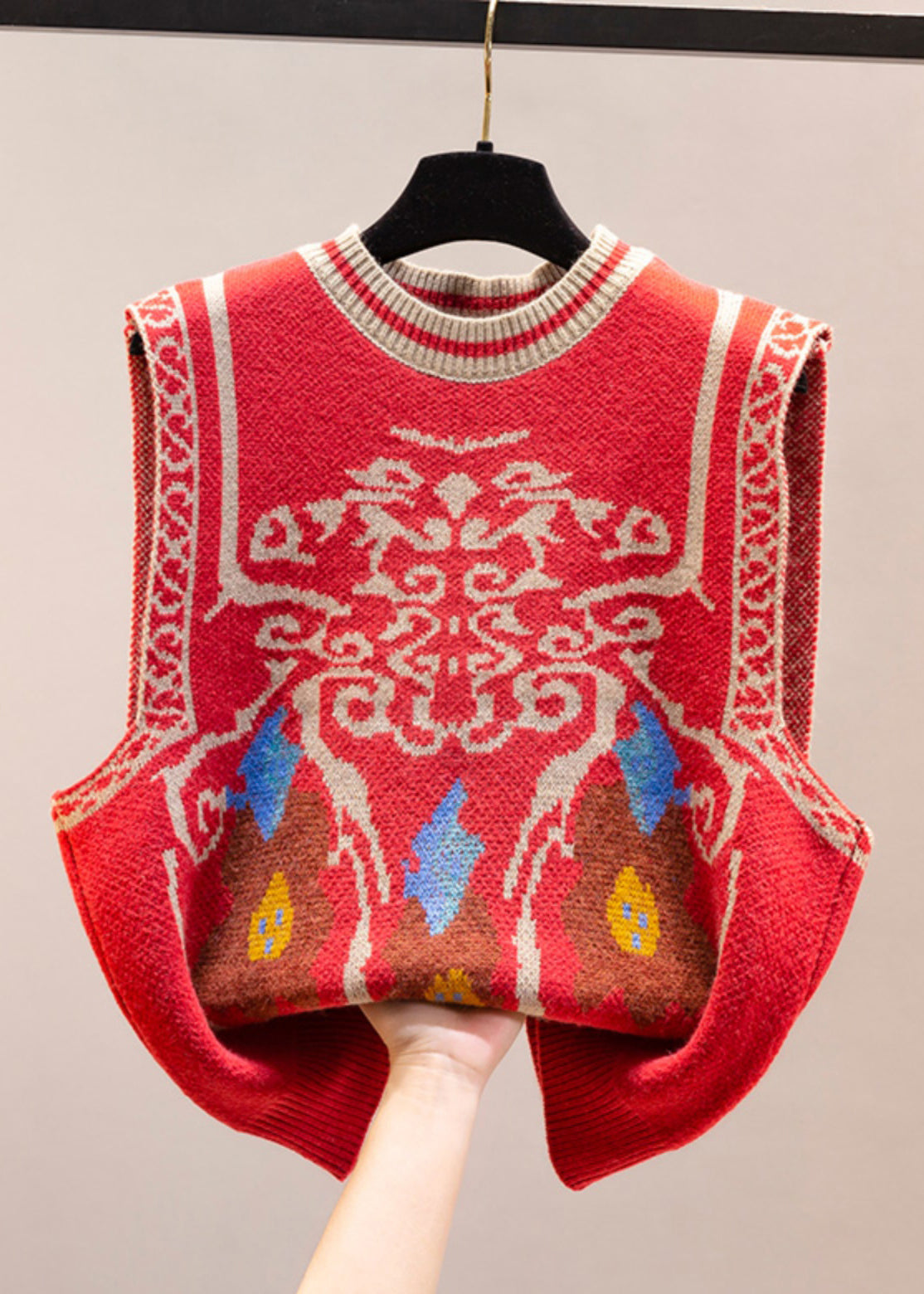 Jacquard Navy O Neck Cozy Knit Vest Sleeveless YJ011