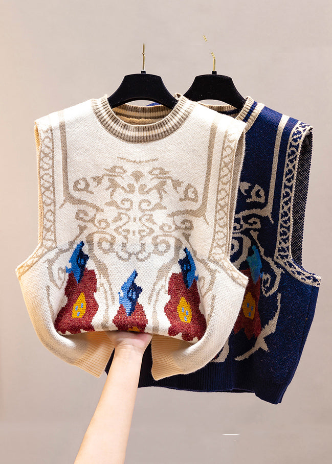 Jacquard Navy O Neck Cozy Knit Vest Sleeveless YJ011