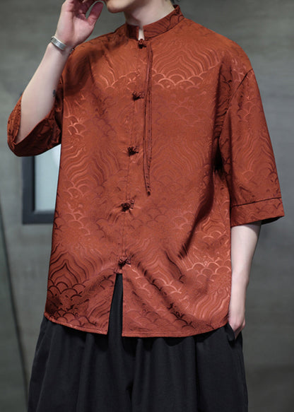 Jacquard Orange Stehkragen Chinesischen Knopf Eis Seide Männer Shirts Sommer YT068