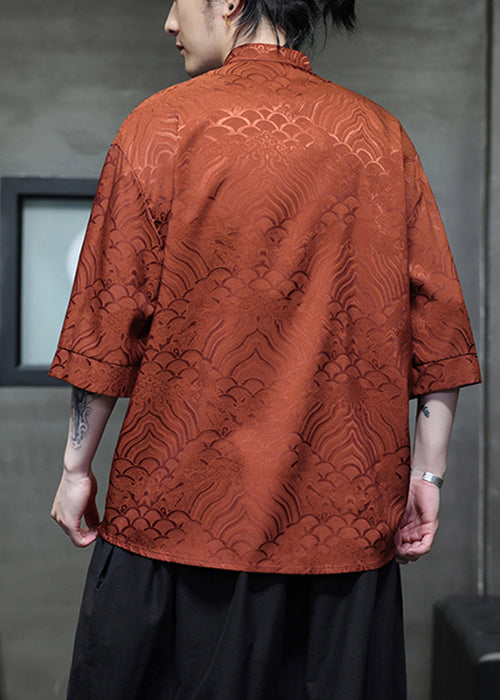 Jacquard Orange Stehkragen Chinesischen Knopf Eis Seide Männer Shirts Sommer YT068