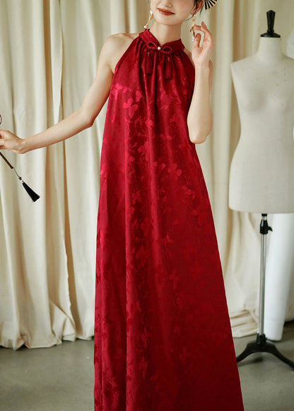 Cotton Red Jacquard Sleeveless Bow Loose Maxi Dresses