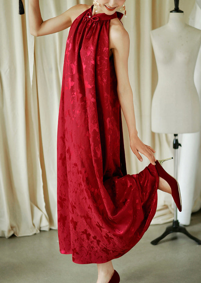 Cotton Red Jacquard Sleeveless Bow Loose Maxi Dresses